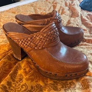 Frye Brown Leather Woven Clogs